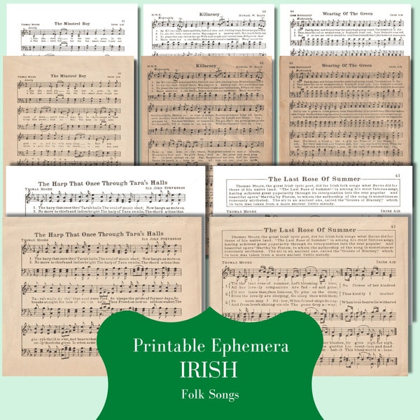 Irish Folk Songs Sheet Music - Printable Paper Ephemera from Vintage Song Books - Song lyrics