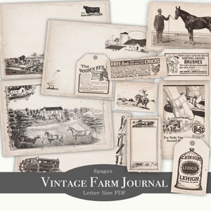 Kit de diario basura de animales de granja - Efímera de granja imprimible vintage - anuncios, pollos, vacas, caballos, tractor, granero, granja