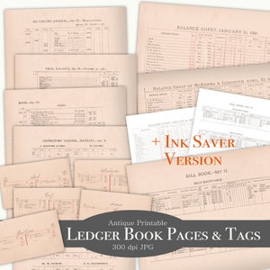 Pagine di registro e tag stampabili - Documenti di giornale di base - Modello di download digitale Pacchetto di effimeri - Pagine di libri scolastici di contabilità vintage