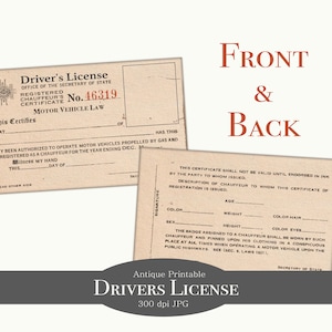 Digital Vintage Drivers License Identification Card from the 1930s, Ephemera, Id Cards Front and Back, Antique Prop, Junk Journal Printable