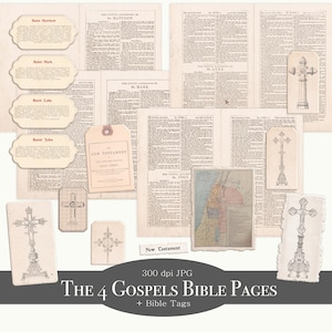 Páginas de la Biblia de los Cuatro Evangelios antiguos para imprimir + Etiquetas bíblicas Papeles de libros antiguos - Efímeras para diario de las Escrituras - Descarga digital - Cross