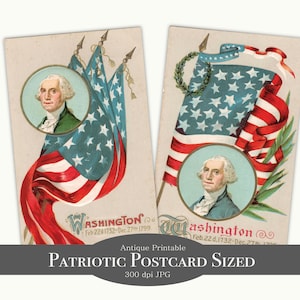 Photo numérique patriotique George Washington et drapeau antique | Junk Journal du 4 juillet imprimable, format carte postale, décorations Independence