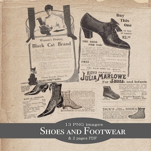 Anúncios de sapatos e meias vintage | Sobrepor ilustrações PNG | Folha de colagem de coisas efêmeras | Suprimentos para impressão de lixo eletrônico | Sapatos góticos