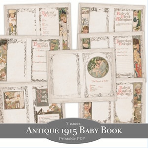 Antiek afdrukbaar babyboek - digitale vintage shabby verouderde pagina's voor junkjournal, scrapbooking, aanbod kaarten maken | Boek met pdf-herinneringen