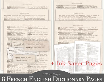 Vintage French English Dictionary Pages: Junk Journal Ephemera (Digital Download)