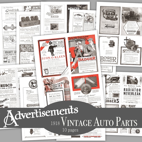 Auto Parts Vintage Print Ads from 1918 - Car Advertisements - 1900s Automobiles Retro Man Cave - Garage Gas Station Junk Journal
