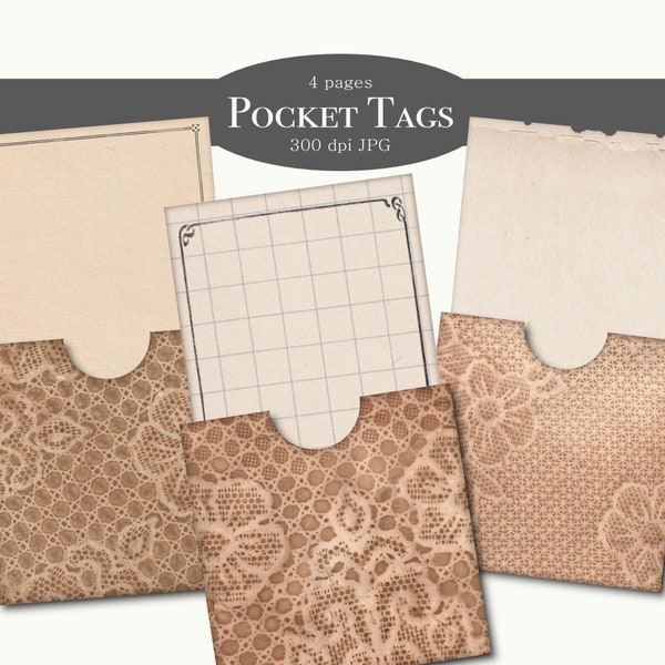 Coffee Dyed Lace Floral Pocket Tags | Library Pockets | Junk Journal Envelopes | Ephemera | Scrapbooking | Printable Digital Download JPG