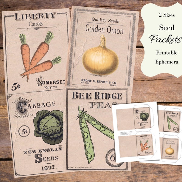 Primitive Seed Packets - Digital Download - Garden - Farmhouse - Spring - Carrots Cabbage Onions Cabbage - Vintage Vegetable Seed Envelopes