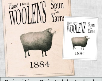 Schurwolle • Wolle • Garn • Schild • Bauernhaus • Vorratskammer Etikett • Schrank Etikett • Kerzen Etikett