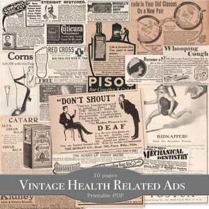 Anúncios impressos de saúde e bem-estar antigos - Junk Journal Ephemera - Folha de colagem digital - Quack Cures Advertisements Deaf Blindness Disease PDF