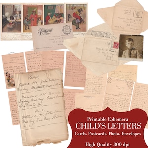 Cartas digitales vintage para niños, postales, sobres ~ Efemérides ~ Papel antiguo ~ Cartas antiguas imprimibles ~ Guión antiguo ~ Kit de diario basura