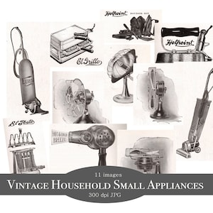 Vintage huishoudelijke kleine apparaten clipart | Jaren 1910 Ijzeren Fan Vacuüm Broodrooster Grill Föhn Verwarming Huishoudelijk werk | Individuele JPG zwart-wit