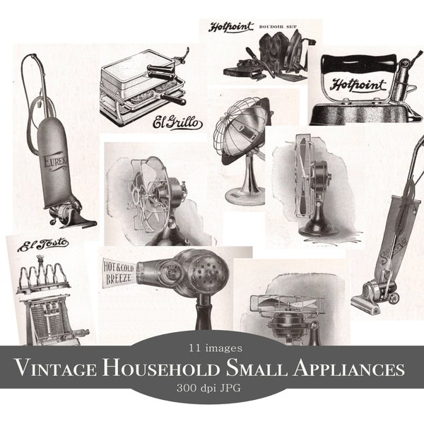 Vintage Household Small Appliances Clipart | 1910s Iron Fan Vacuum Toaster Grill Hair Dryer Heater Housework | Individual JPG Black & White