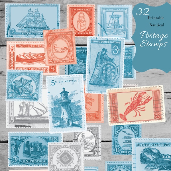 Nautical Stamps - Sailboats Lighthouse Ships Beach Shells Postage Stamp Collage Sheet - Printable Ocean Ephemera Junk Journal Digital Kit