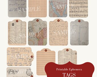 Printable Ephemera Tags - Made from Vintage Papers - Music - Recipe - Dictionary - Maps - Handwriting - Great for Junk Journal