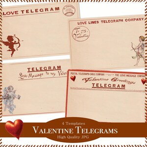Plantillas de telegramas de San Valentín: cupidos antiguos, corazones, cartas de amor, diarios basura, tarjetas imprimibles, efímeras de inspiración vintage
