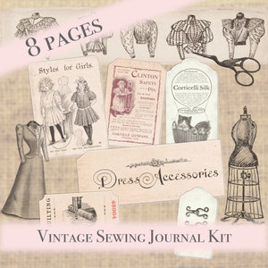 Naai-junk Journal Kit - Vintage naaister Ephemera - digitale afdrukbare kieskeurige snitten - advertenties naaien, Victoriaanse mode, jurk, schaar