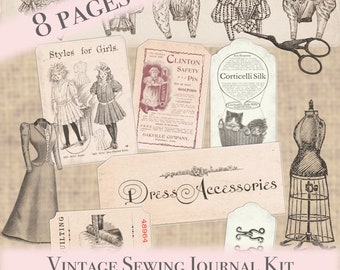 May include: Vintage sewing journal kit with 8 pages of patterns, dress accessories, and a variety of vintage advertisements. The kit includes a dress form, a sewing machine, and a pair of scissors.
