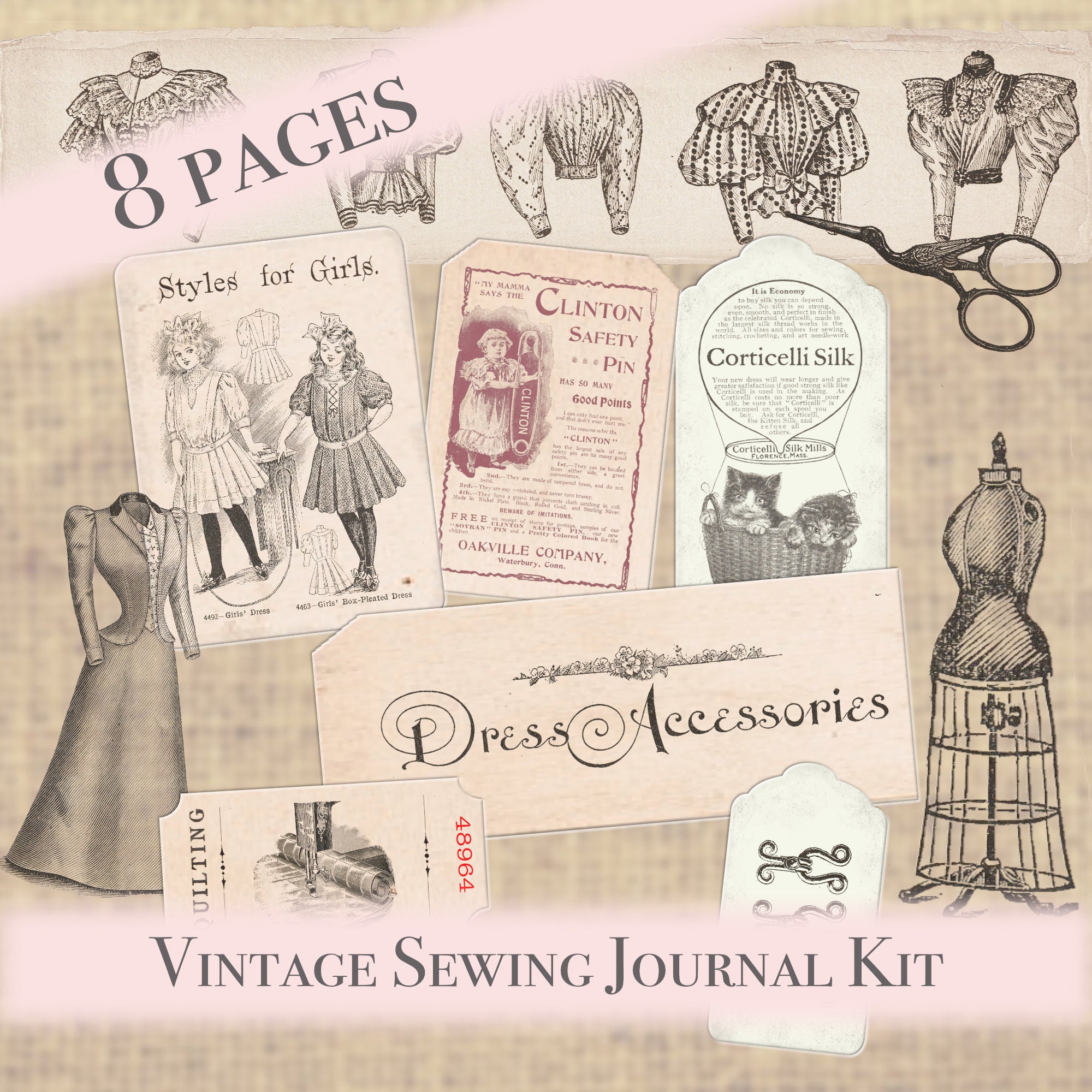 Vintage Junk Journal Kit - Vintage Näherin Ephemera - digitale druckbare wählerische Schnittmuster - Nähen Werbung, viktorianische Mode, Schneiderpuppe, Schere