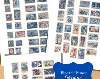 Printable Postage Stamps - Blue Ephemera -  Collage Sheet - Junk Journal Supplies - Digital Download