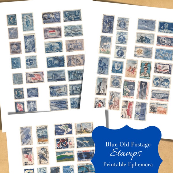 Printable Postage Stamps - Blue Ephemera -  Collage Sheet - Junk Journal Supplies - Digital Download - Cancelled Stamps