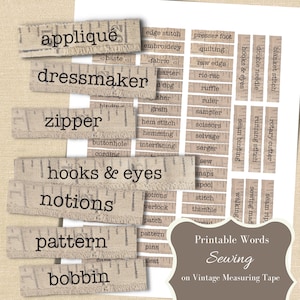 Sewing Junk Journal Words typed on Vintage Dressmaker&#39;s Measuring Tape ~ Sewing Journal Supplies -Printable Words Digital Printable Ephemera