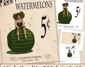 Primitive Watermelon Sign / Pantry Label - Digital Download - Garden - Farmhouse - Summer - Vintage - Seed Packets