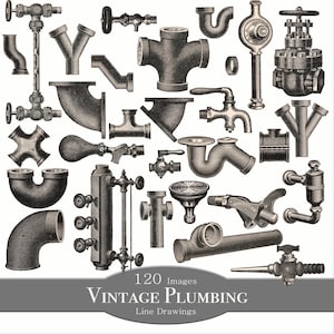 Peut inclure: Dessins au trait de plomberie vintage en noir et blanc. L'image présente divers tuyaux, vannes et raccords, notamment des coudes, des tés et des robinets. Le texte en bas indique "VINTAGE PLUMBING" et "Line Drawings".