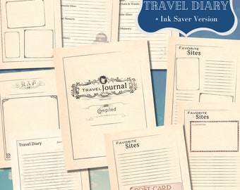 Digital Travel Diary - Printable Vintage Style Journal - Travel Notebook - Ink Saver