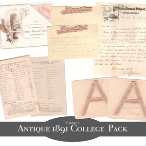 Graduación universitaria vintage digital de la década de 1890, invitación, tarjetas escritas a mano, boleta de calificaciones, material escolar, diario basura con documentos antiguos
