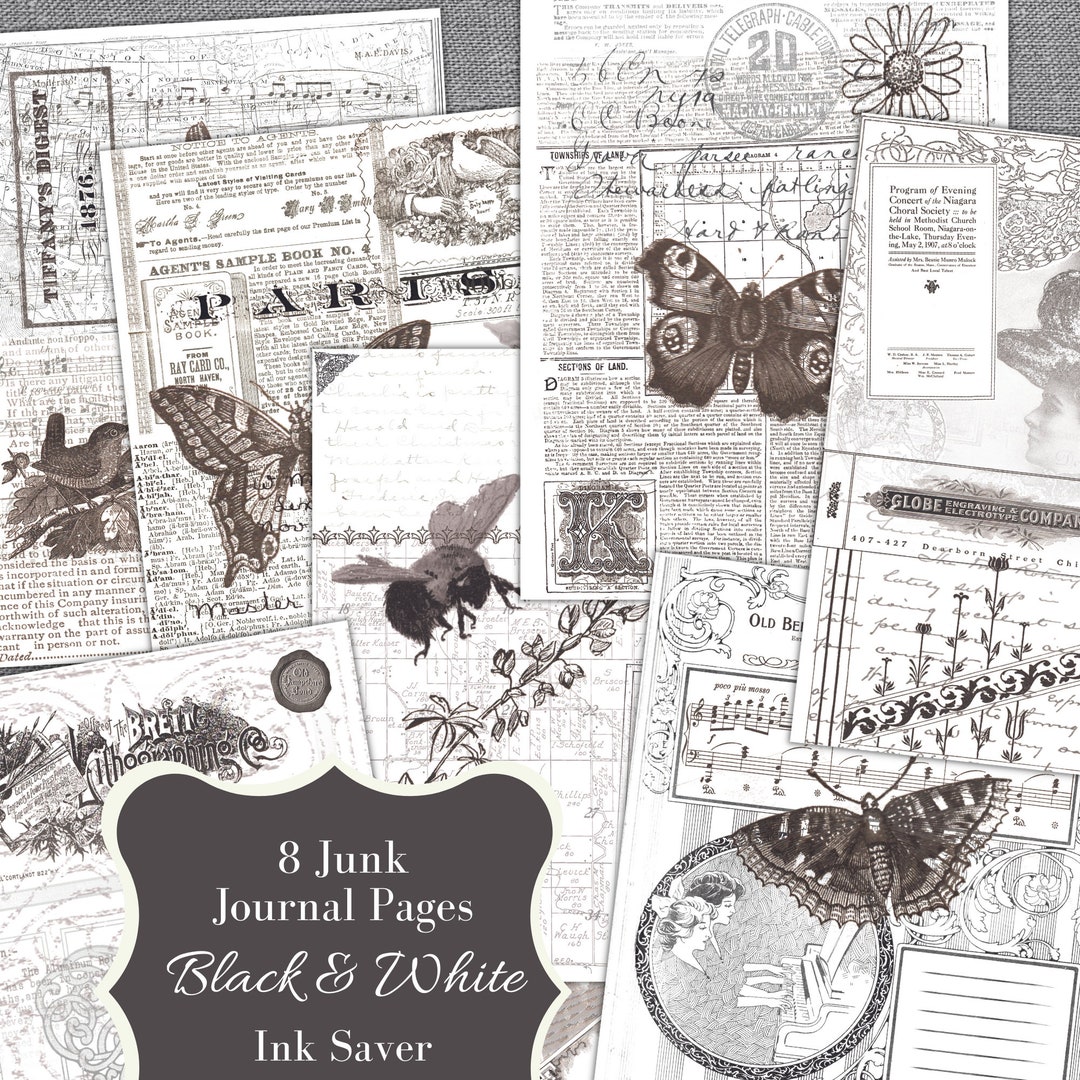 Black and White Junk Journal Paper Butterflies Birds Flowers Botanical ...