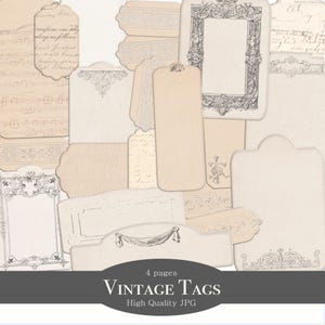 Vintage Junk Journal Tag Bündel | Antike Rahmen | Neutrales Blatt | Druckbares Papier | Verzierungen | Digitales JPG | Schlichte Karten