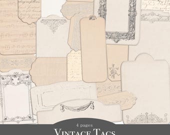 May include: A set of 4 pages of vintage style tags with ornate borders and designs. The tags are beige with black ink and are perfect for adding a touch of vintage charm to your projects.