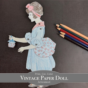 Printable Articulated Vintage Paper Doll Pattern - Jointed Paper Doll Template - Little Girl - Antique Look - Color and Cut - Kids Craft