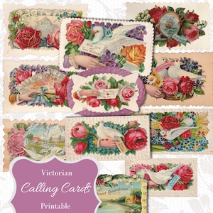 20 cartes de visite victoriennes - cartes de visite anciennes - téléchargement numérique - éventail, roses, oiseaux, mains, fleurs - éphémères vintage imprimables