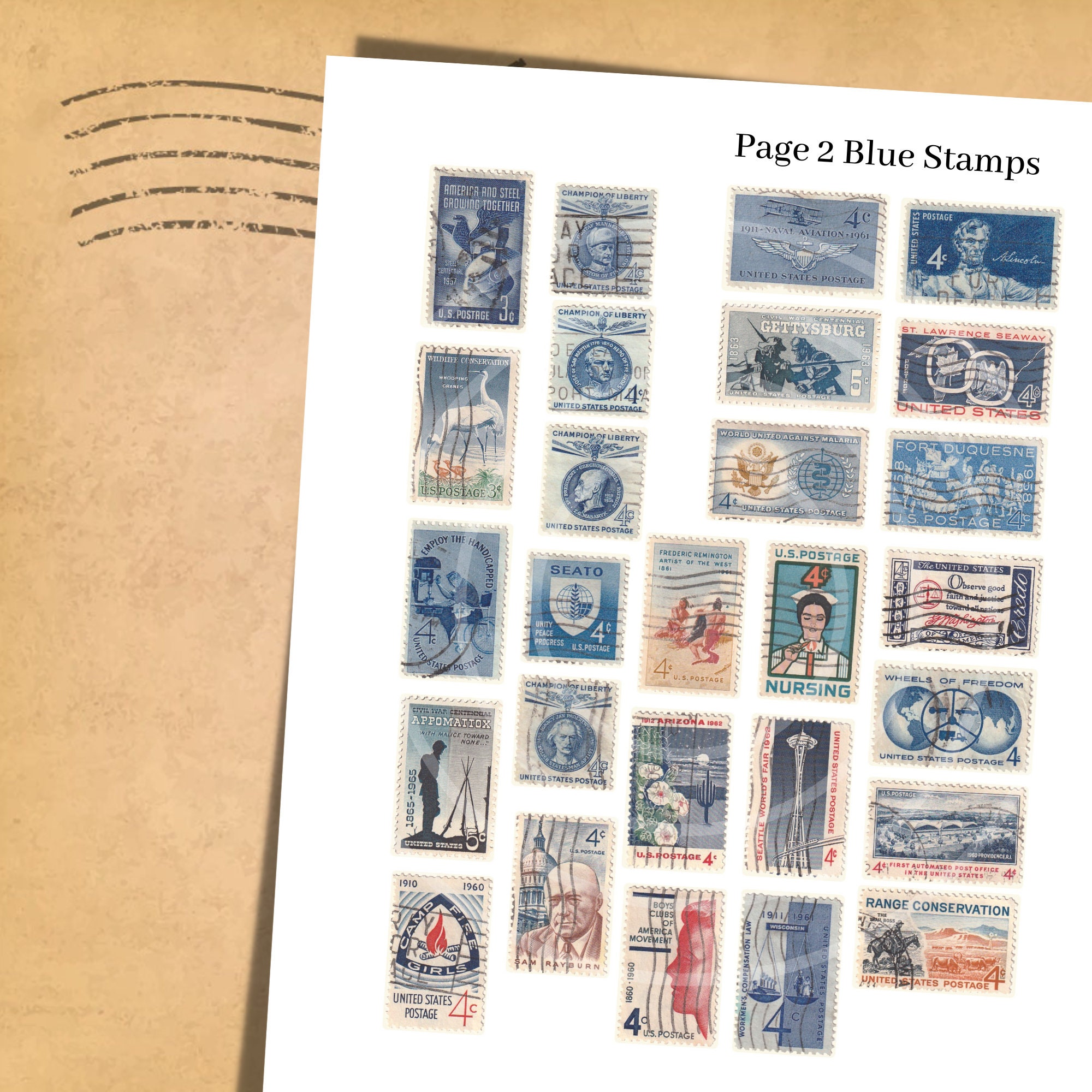 Printable Postage Stamps Blue Ephemera Collage Sheet Junk Journal