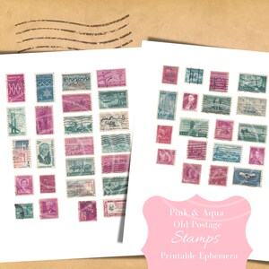 Cyfrowe znaczki pocztowe - różowy - akwamarynowy - turkusowy - drukowane efemerydy - arkusz kolaży vintage - dzienniki śmieci - scrapbooking - anulowane znaczki