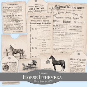 Éphémères de cheval vintage | Feuille de collage de journal indésirable équestre des années 1800, papier imprimable | Courses | Jockey | Embellissements | JPG numérique