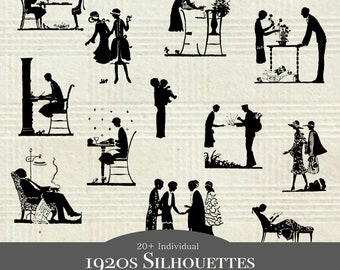 1920s Silhouettes Clipart: Vintage Family & Flappers (PNG Digital Download)