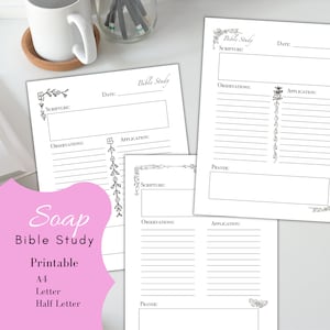 May include: Printable Bible study journal pages with floral borders. The pages are designed for recording scripture, observations, applications, and prayers.