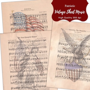 Spartiti di canzoni patriottiche - Effimeri di carta stampabile ~ Canzone vintage - America the Beautiful, My Country Tis of Thee, Star Spangled Banner