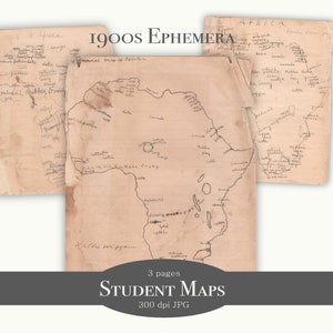 Digital Antique 1900s School Papers Handwritten Student Maps Ephemera ~ Old Paper for Junk Journal ~ Handwriting Cursive Script ~ Africa Map