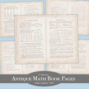 Könnte beinhalten: Fünf antike Seiten aus einem Mathematik-Lehrbuch. Die Seiten sind vergilbt und haben handschriftliche Notizen und Gleichungen. Der Text enthält die Wörter "Ray's Practical Arithmetic" und "Multiplication of Fractions".