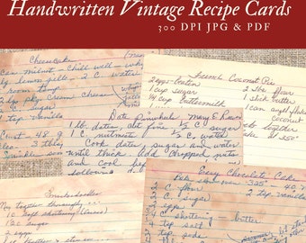 Vintage Handwritten Recipe Cards: Baking, Cooking (Digital Download)