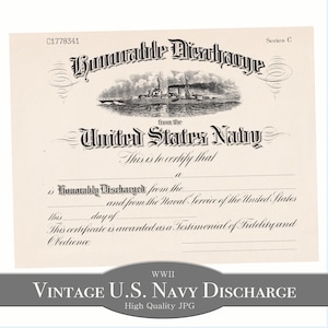 Digital Vintage WW2 US Navy Honorable Discharge Certificate | World War II History Ephemera Printable Original Documents - Military - Sailor