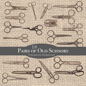 Può includere: Illustrazione in seppia di 18 paia di vecchie forbici in vari stili. Le forbici presentano diversi design di manici e lame. Il testo "18 Pairs of Old Scissors" è visualizzato in un banner grigio scuro.