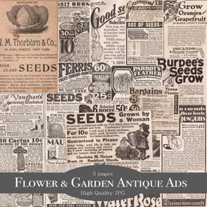 Anúncios impressos de flores e jardins antigos - Junk Journal Ephemera - Folha de colagem digital - Anúncios de catálogo de sementes - Páginas de jardinagem de vegetais JPG