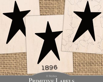 Primitive Star Label - Digital Download - Farmhouse - Pantry Jar Crock - Cupboard Label - Crackle