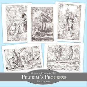 Druckbare antike Pilgrim's Fortschritt Illustrationen aus der Ausgabe 1894 - Set von 31 Linienzeichnungen - Biblische Kunst - Bibel - Christlich