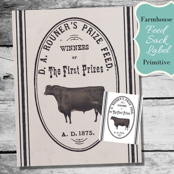 Farmhouse Cattle Feed Sack Label - Vintage Fabric Transfer Grain Sack - Digital Download - Primitive Printable Candle Label - Farmhouse